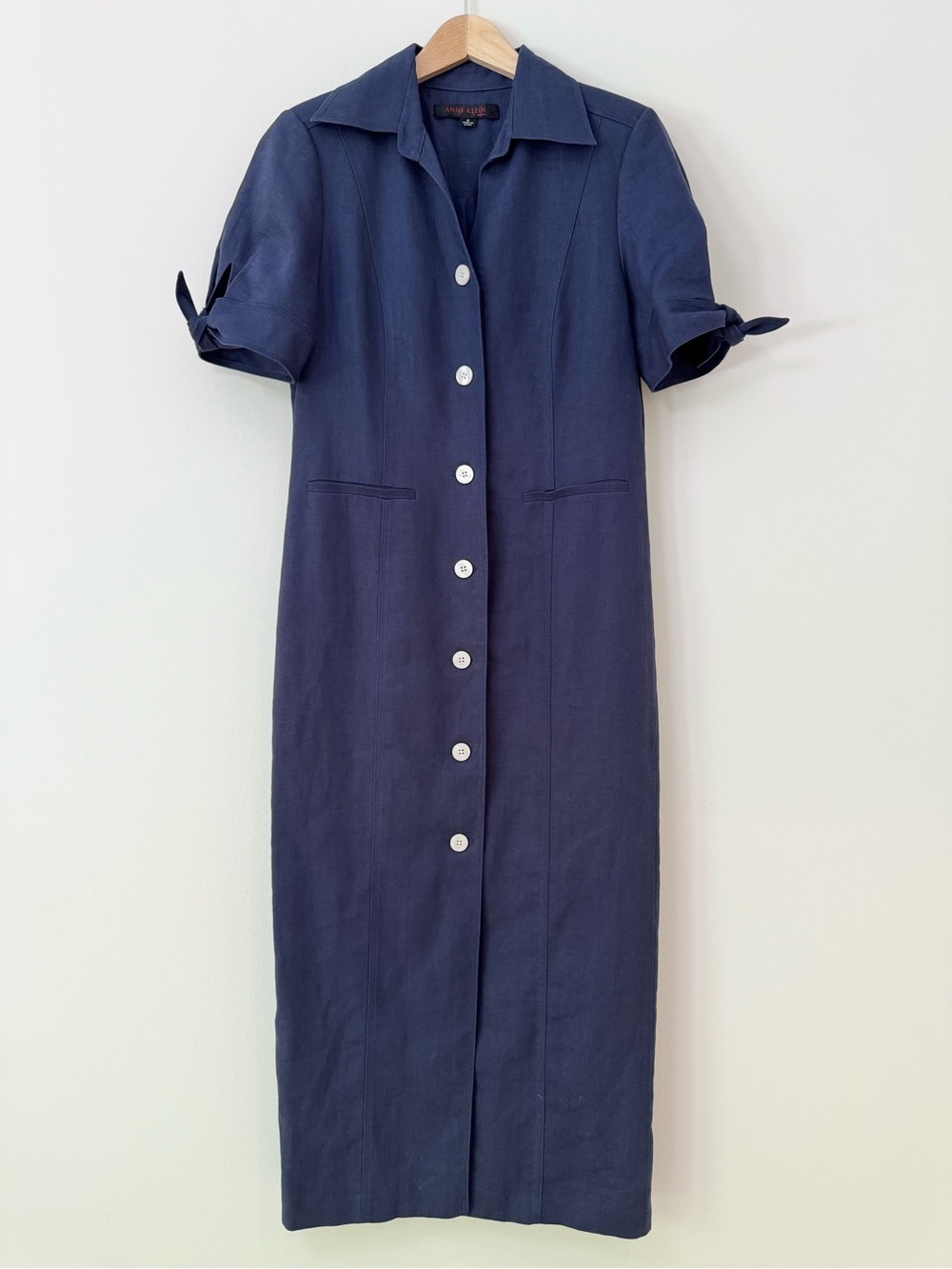 VTG Anne Klein 100% Linen Navy Midi Shirt Dress Carolyn Bessette Kennedy 90s, 4